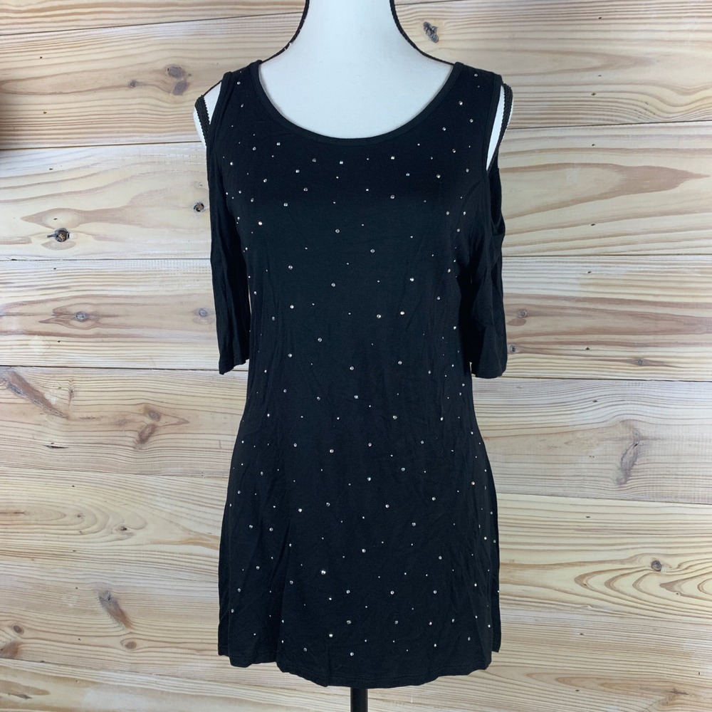 Beldini Tunic Top Womens Medium Black Cold Shoulder Rhinestone Embellished Glam
